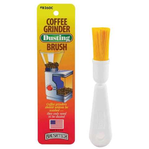 Dusting brush for Infinity Plus Conical Burr Grinder Bundle, white handle with yellow bristles, packaging shown beside.