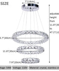 Modern 3 Ring Crystal Chandelier With Adjustable Stainless Steel Pendant Lighting LED Ceiling Fixture dimensions displayed