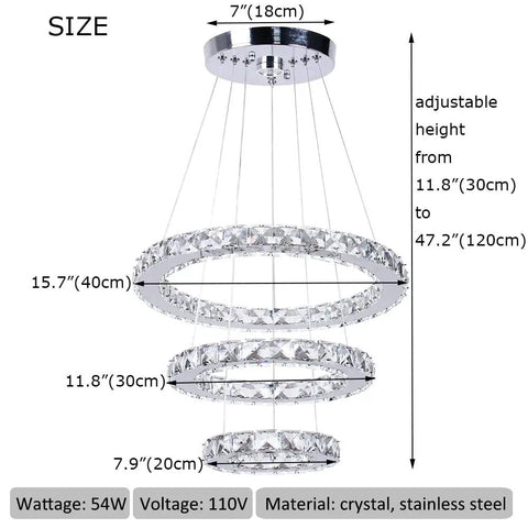 Modern 3 Ring Crystal Chandelier With Adjustable Stainless Steel Pendant Lighting LED Ceiling Fixture dimensions displayed