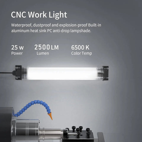 Explosionproof LED Work Light Floodlight 2500 Lumens 6000K For Milling Machines And Workshop Tables IP66 Waterproof 25W 120V 220V Floodlight Mounted On Milling Table Perfect For Garage And Shop Use, shown illuminating a CNC machine with specifications visible.