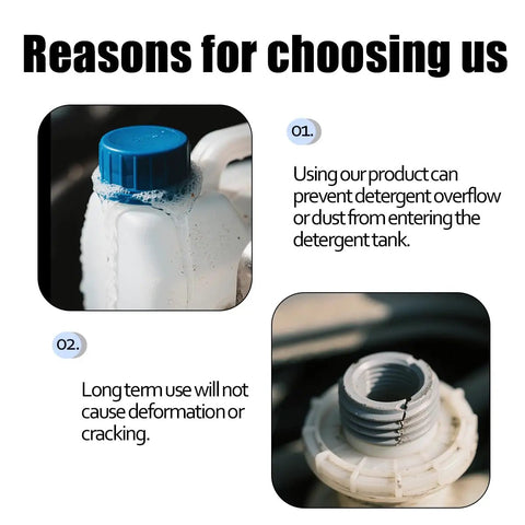 Blue washer fluid cap on detergent tank with text reasons for choosing premium ABS windshield reservoir cap for VW models.