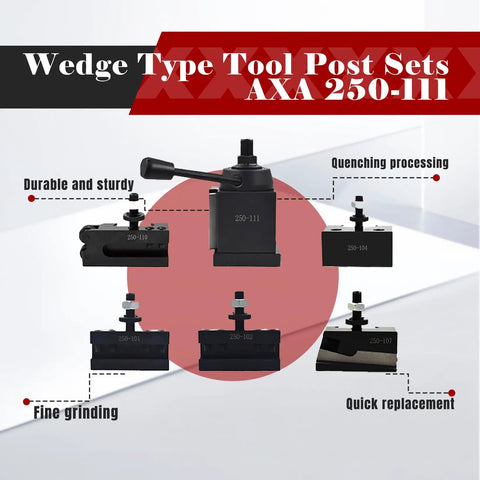 AXA 6-Piece Wedge Type Quick Change Lathe Tool Post Set showing 250-111, 250-101, 250-104 quenching processing