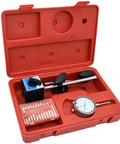 Dial indicator with magnetic base, front view in red case with long arm and accessories.