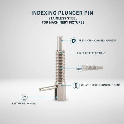 Industrial Stainless Steel Indexing Plunger Pin With Spring Loaded L Handle For Machinery Fixtures That Holds Position Dead Nuts Secure During Heavy Use, close-up view.