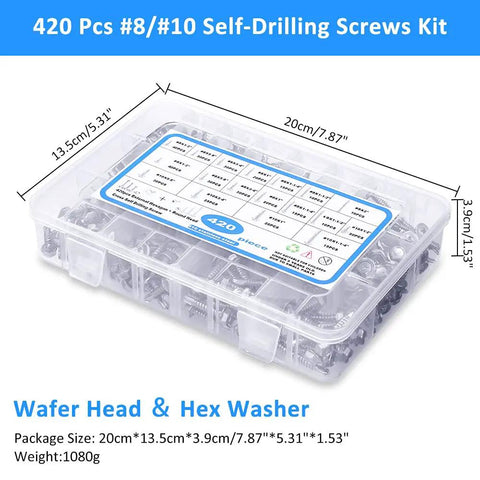 Self Drilling Screws Kit For Metal And Wood, 420 Piece Multi Size Set In 410 Stainless Steel, Includes Size Eight And Size Ten