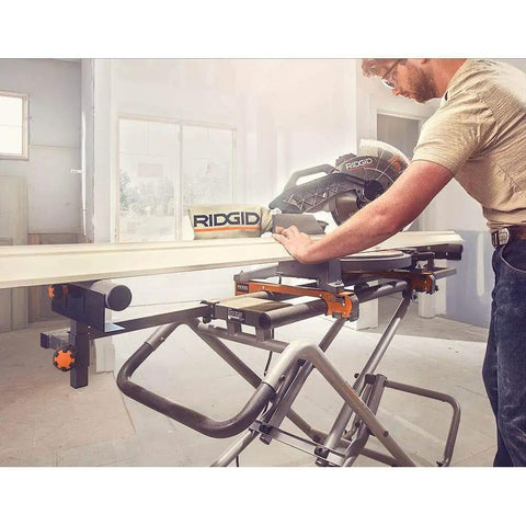 Mobile Miter Saw Stand With Universal Mounting Brackets And Tool Free Extension Lock Quick Release set up in a workshop.