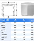 Diagram and size chart for 304 Stainless Steel 1/4 Inch NPT Female Hex End Cap Pipe Fitting Thread Adapter Pack Of 12