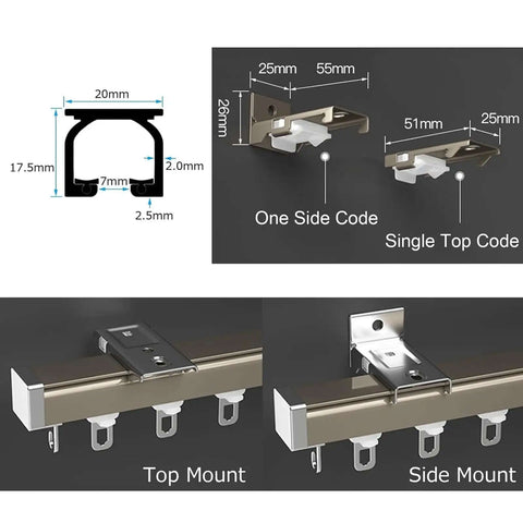 Solid Adjustable Ceiling Curtain Track System 1 To 20 Feet Length Fits Any Room Divider Layout Comes With Premium Roller Hardware And End Caps For Smooth Gliding Heavy Load Durability Perfect White Rail ceiling and wall mount brackets, top and side mount detail