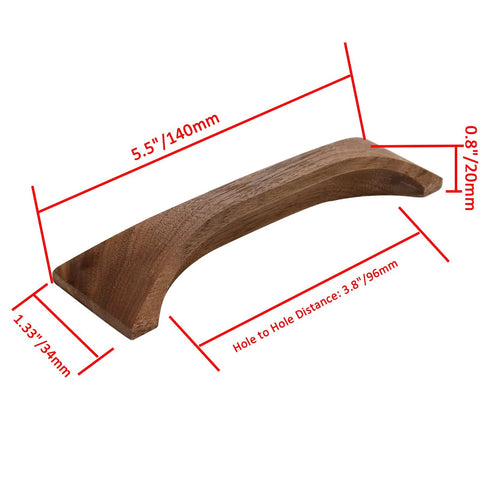 Walnut Wood Finger Pull Handles For Drawers 3.8 Inch Hole Distance, solid walnut drawer pull with measurements, natural smooth finish.