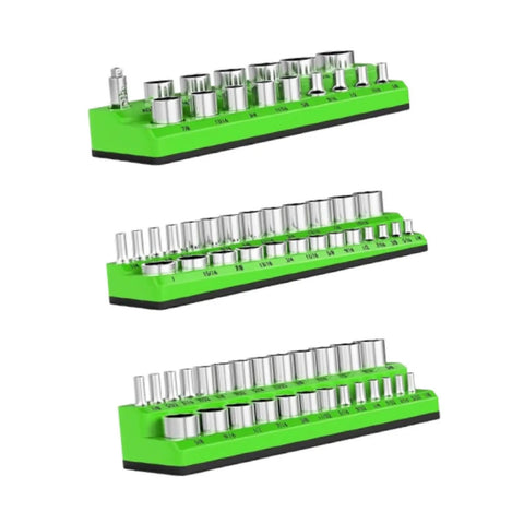Heavy Duty Socket Organizers Set Of Three Portable Rack Holders For Garage Workshop Tool Stash Keeper Sturdy Pp Design Tame The Clutter In Your Sweet Setup And Keep It Tight Sae Green showcasing three racks with SAE sockets.
