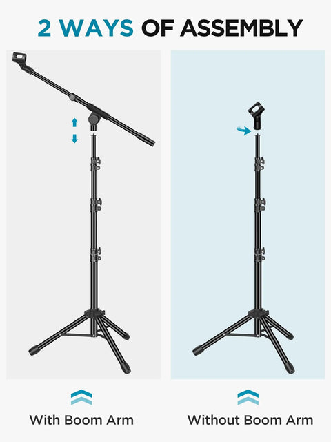 Two ways to assemble Heavy Duty Floor Microphone Stand With Boom Arm, Adjustable Tripod, one with and one without boom arm visible.