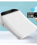 Super Sleek Square Black Smart Toilet Seat Bidet showing remote control and heated seat features against blue background.