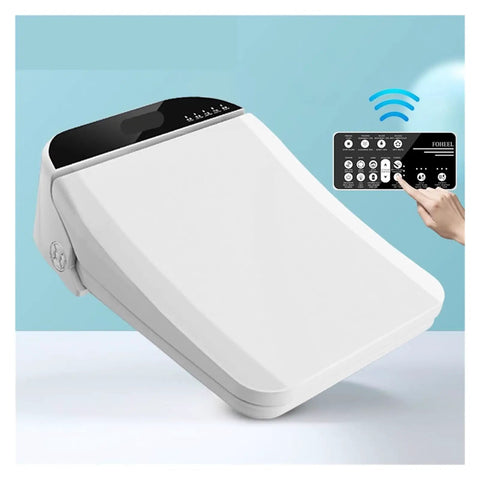 Super Sleek Square Black Smart Toilet Seat Bidet showing remote control and heated seat features against blue background.