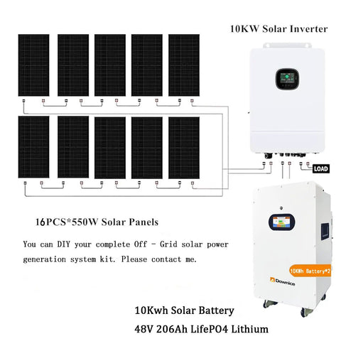 Top Shelf Off Grid Solar Power System Kit Featuring Forty Eight Volt Ten Kwh Lifepo4 Battery Bank Sixteen Fifty Five Watt Bifacial Panels Ten Kw Hybrid Inverter With Mppt Controller For 120 240Vac Home Backup Setup with solar panels and inverter.