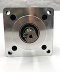 Planetary gearbox 20:1 Nema 34 gear head, front view; 1/2 in input shaft, aluminum square flange, four mounting holes