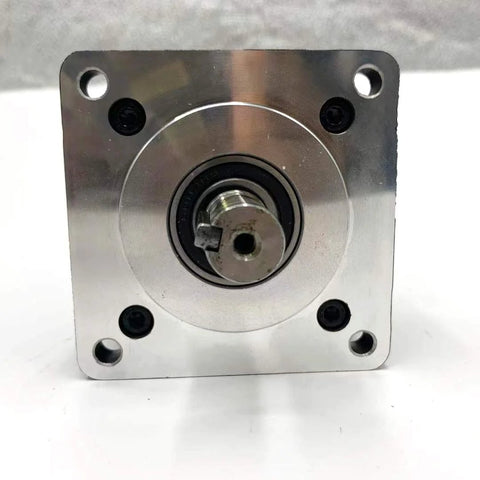 Planetary gearbox 20:1 Nema 34 gear head, front view; 1/2 in input shaft, aluminum square flange, four mounting holes