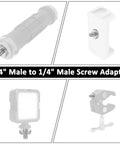 Heavy Duty Dual End Camera Tripod Screw 1/4 20 Male To Male 4 Pack showing multiple adapters for mounting lights and cameras.