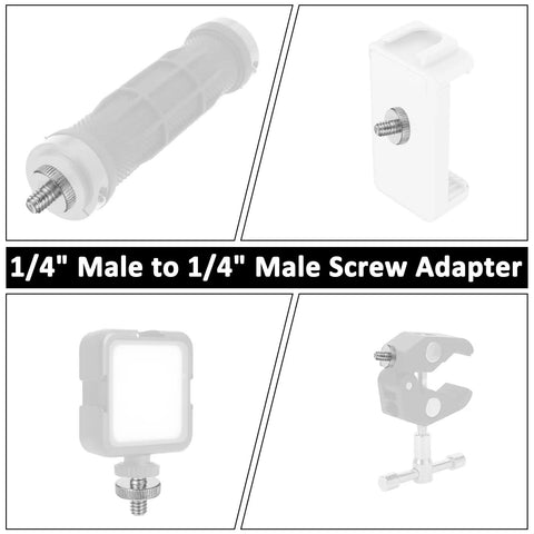 Heavy Duty Dual End Camera Tripod Screw 1/4 20 Male To Male 4 Pack showing multiple adapters for mounting lights and cameras.