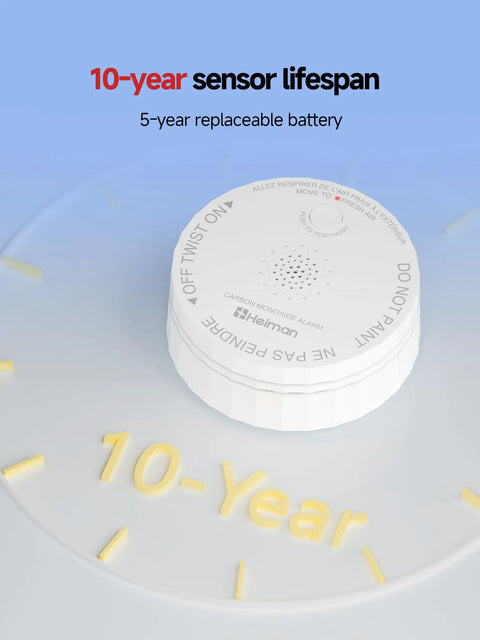 Smart Carbon Monoxide Detector With No Hassle Real Time App Alerts And 2.4 GHz Wi Fi For Home Travel And RV Portable Battery Powered CO Alarm UL 2034 5th Edition ETL Listed FCC Certified 85 dB Test Button with focus on 10-year sensor lifespan and 5-year battery.