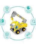 7 In 1 STEM Vehicle Kit For Kids Ages 8 9 10 11 12 Plus 180 Piece Construction Set For Building Forklift Dump Truck Crane Bulldozer And More Hands On Engineering Fun featuring yellow crane model with metal and plastic parts, surrounded by educational icons