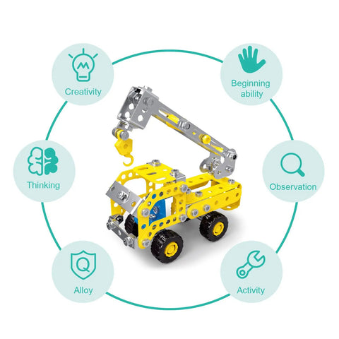 7 In 1 STEM Vehicle Kit For Kids Ages 8 9 10 11 12 Plus 180 Piece Construction Set For Building Forklift Dump Truck Crane Bulldozer And More Hands On Engineering Fun featuring yellow crane model with metal and plastic parts, surrounded by educational icons