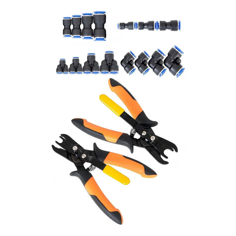 Awesome Set Of Premium Push To Connect Air Line Disconnect Tools With 15 Piece Fitting Kit For Quick Removal And Installation On All Common Pneumatic Sizes Like 1/4 Inch To 1/2 Inch Without Any Hassle. air line fittings and disconnect pliers set