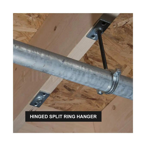 Hinged Split Ring Pipe Hanger One And A Half Inch Galvanized Iron With Three Eighths Inch Rod Fitting in workshop ceiling