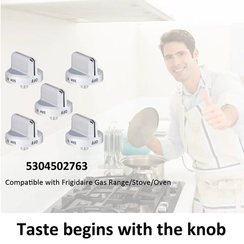 Five Pack Stove Knob Replacements For Gas Range And Oven Beefed Up Stainless Steel Protection Ring Simple Install 0.25 Inch Shaft Fit AP5984069 Compatible Knobs displayed by a smiling person in kitchen