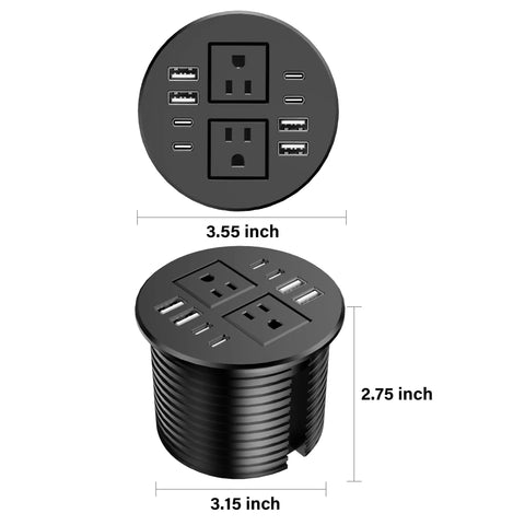 Sleek 3.15 Inch Desktop Power Grommet Featuring Two AC Outlets And Eight Fast Charge USB Ports, top and side view with dimensions.
