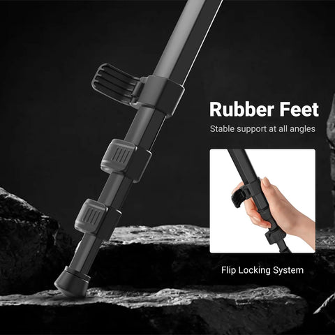 Travel Tripod For Camera And Phone, rubber feet close-up for stability, 66.5 Inch Tall Aluminum Stand with flip locking system