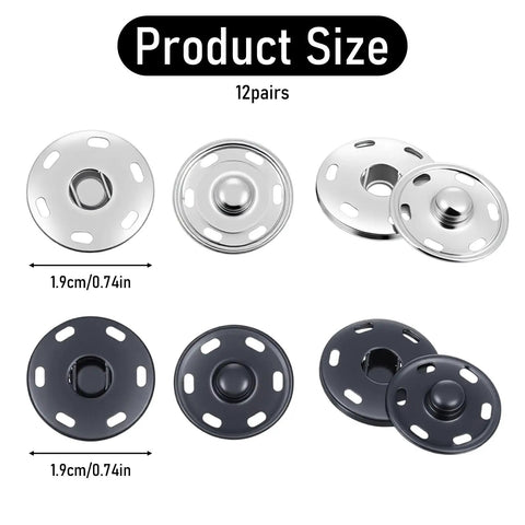 12 Sets Large Sew On Metal Snaps For Clothing 19mm Diameter Press Studs For Fabric And Garment Closure Black And Silver