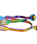 Roller Ball Horse Spurs With Dope Multi Color Stainless Steel Rainbow Finish for English Riding, close-up view