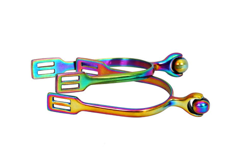 Roller Ball Horse Spurs With Dope Multi Color Stainless Steel Rainbow Finish for English Riding, close-up view