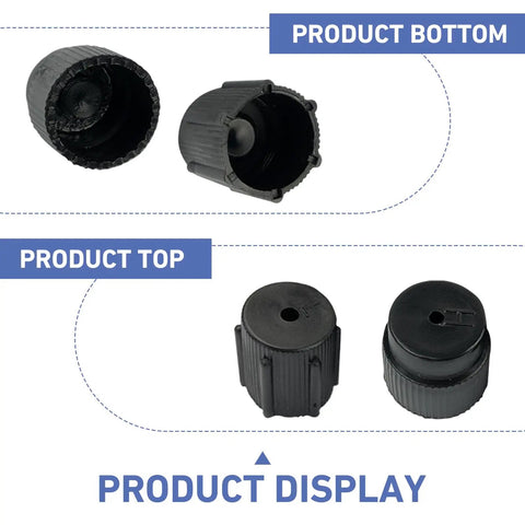 10 Pack Car AC Service Port Covers Kit for R134a Systems 13mm Low Pressure and 16mm High Pressure Caps Universal for Vehicles Durable ABS Black Easy DIY Install Protects Service Ports From Leaks And Debris product top and bottom view display