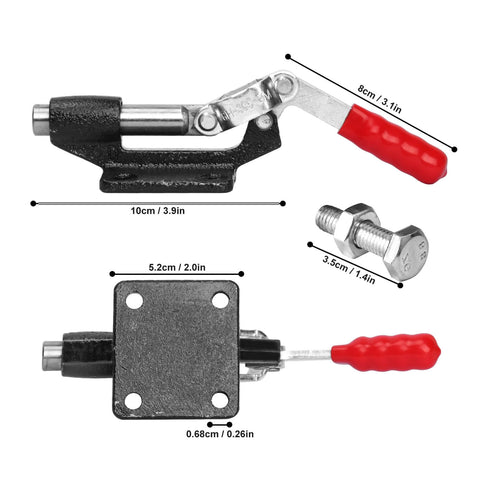 4 Pack GH 305C Push Pull Toggle Clamp Kit With Quick Release Stroke And 500 Lbs Holding Power, side and front view