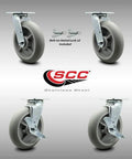 Heavy Duty Eight Inch Swivel Casters Set Of Four Featuring Thermoplastic Rubber Donut Tread Stainless Steel Plates shown from multiple angles with locks.