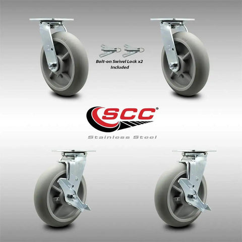 Heavy Duty Eight Inch Swivel Casters Set Of Four Featuring Thermoplastic Rubber Donut Tread Stainless Steel Plates shown from multiple angles with locks.