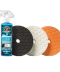 Hex-Logic Quantum Buffing Pad Sampler Kit Four Pad Set with Cleaner, featuring 5.5 inch pads for 5 inch backing plates