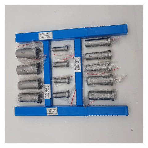 22 Piece Keyway Broach Set In HSS Metric Cutting Tools For CNC Machines Top Notch High Speed Steel Broaches For Precise Keyway Shaping Includes B1-4 B1-5 C1-6 C1-8 And 12B To 30C Sizes For Pros, blue HSS broaches and sleeves in plastic wrap
