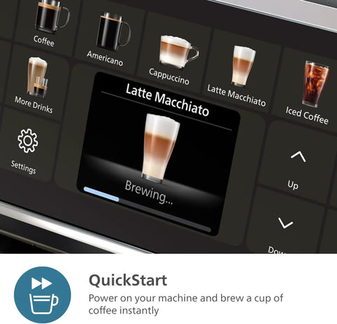 Premium Fully Automatic Espresso Maker With LatteGo Milk Frother And 20 Drink Recipes touchscreen displaying brewing Latte Macchiato.