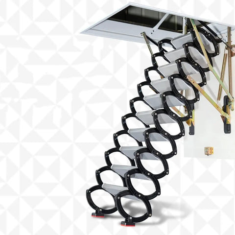 Top Tier Electric Attic Ladder With Remote Operation Ceiling Pull Down Stairs, retractable design with alloy rungs and non-slip grip.