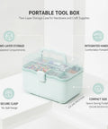 Portable Two Layer Tool Box with handle for hardware beads and small parts storage, green PP plastic on display platform.