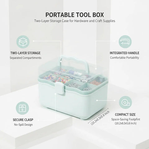 Portable Two Layer Tool Box with handle for hardware beads and small parts storage, green PP plastic on display platform.