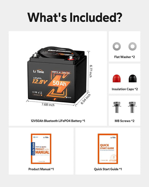 12V 50Ah LiFePO4 Trolling Motor Battery With Bluetooth, accessories included, flat washers, insulation caps, M8 screws, manuals
