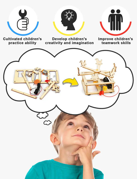 Thoughtful child considering 4 In 1 STEM Kit For Kids Ages 6 13 Build A Ferris Wheel Carousel Fiber Optic Lamp And Starry Night Light