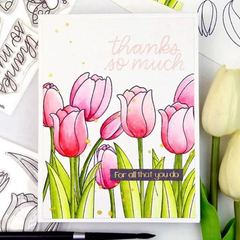 Handmade card with pink tulips using Clear Stamp And Die Set For Card Making And Scrapbooking, DIY Embossing And Photo Album Craft Kit.