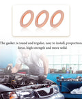 10 Pack 14mm Copper Oil Drain Plug Gaskets For Engine Seals displayed with mechanic working on a car engine in the background.