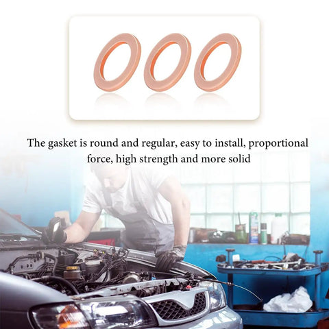 10 Pack 14mm Copper Oil Drain Plug Gaskets For Engine Seals displayed with mechanic working on a car engine in the background.