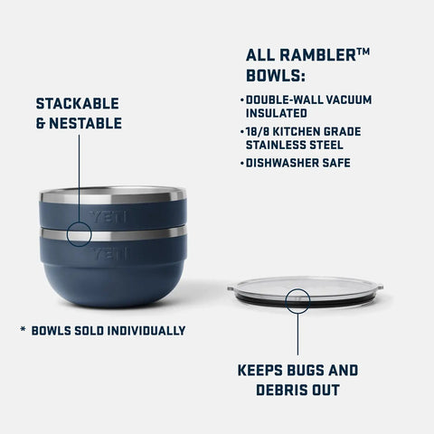 Double Wall Vacuum Insulated Stainless Steel Bowl With Lid 2 Quart Capacity stackable nested design shown with lid, perfect for camping.