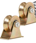 Heavy Duty V Track Gate Roller Wheels With Mounting Bracket For Sliding Gates And Industrial Tracks Four Inch Steel Caster Pair close-up view
